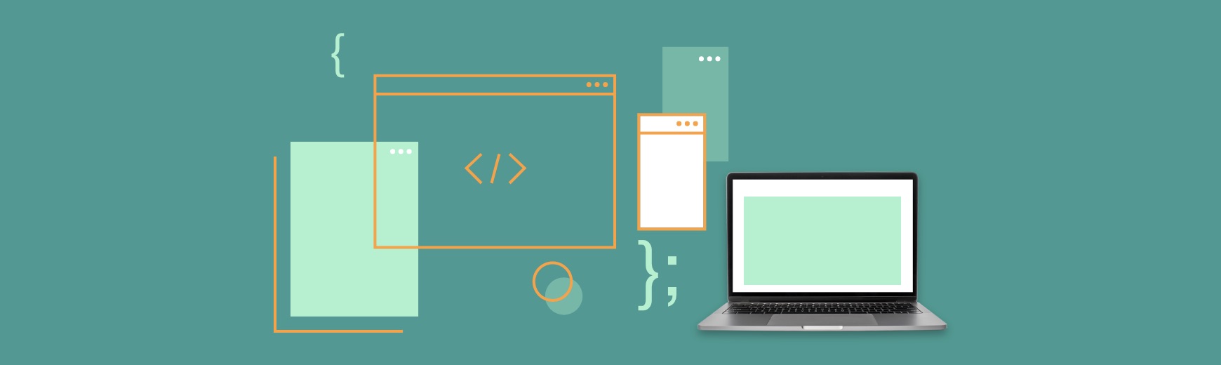 Illustration of laptop, code, and screens